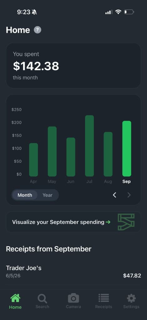 Home screen with this month's spending total and a bar chart