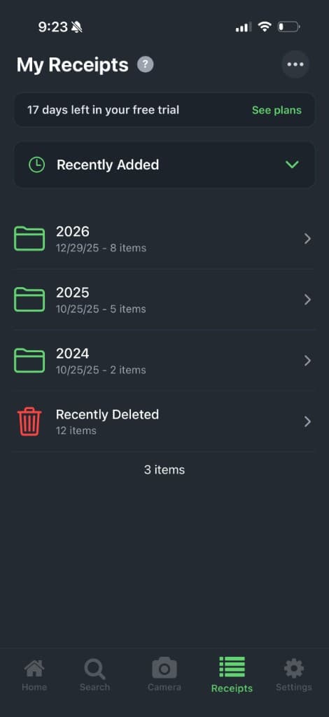 My Receipts with folders for 2026, 2025, and 2024