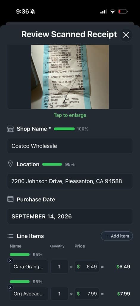 Review scanned receipt with Costco details, confidence scores, and line items extracted by AI